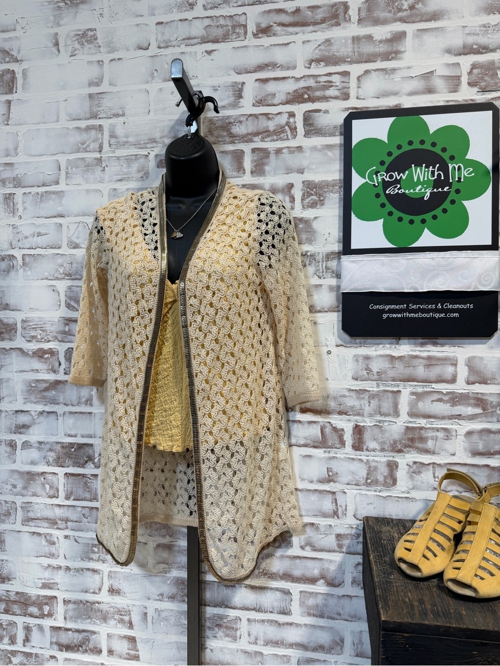 Light Cream Openwork Knit Cardigan with Trim - Women’s Layering Top